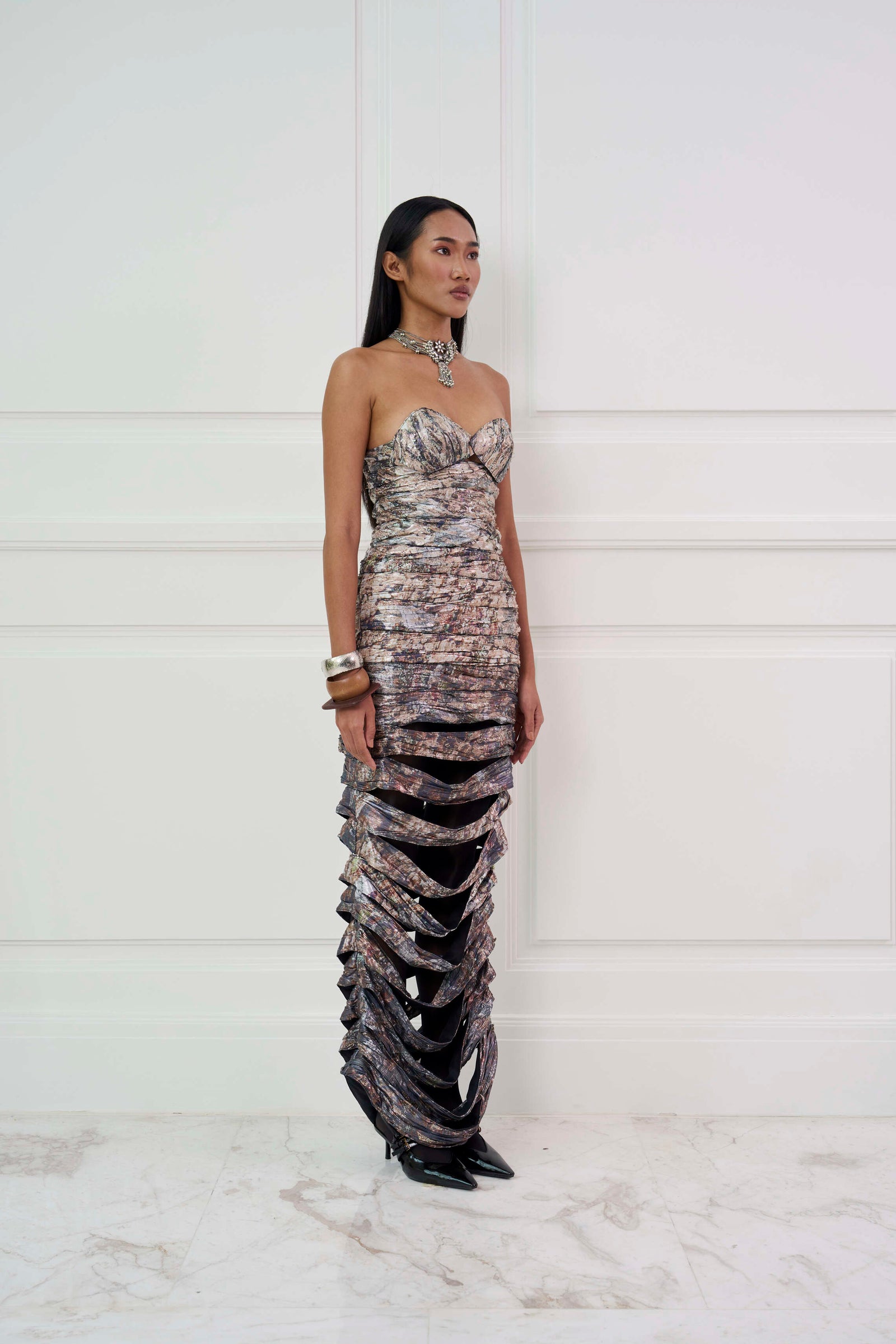 DRAPING HAND EMBELLISHED LAYERED DRESS