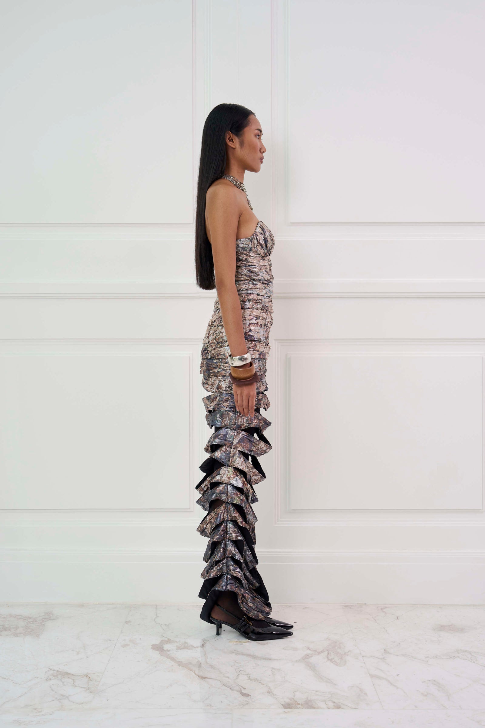 DRAPING HAND EMBELLISHED LAYERED DRESS